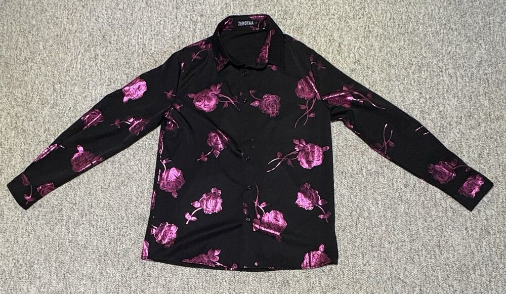 Zeroyaa All Over Rose Print Black Button Down Long Sleeve Shirt Men’s S